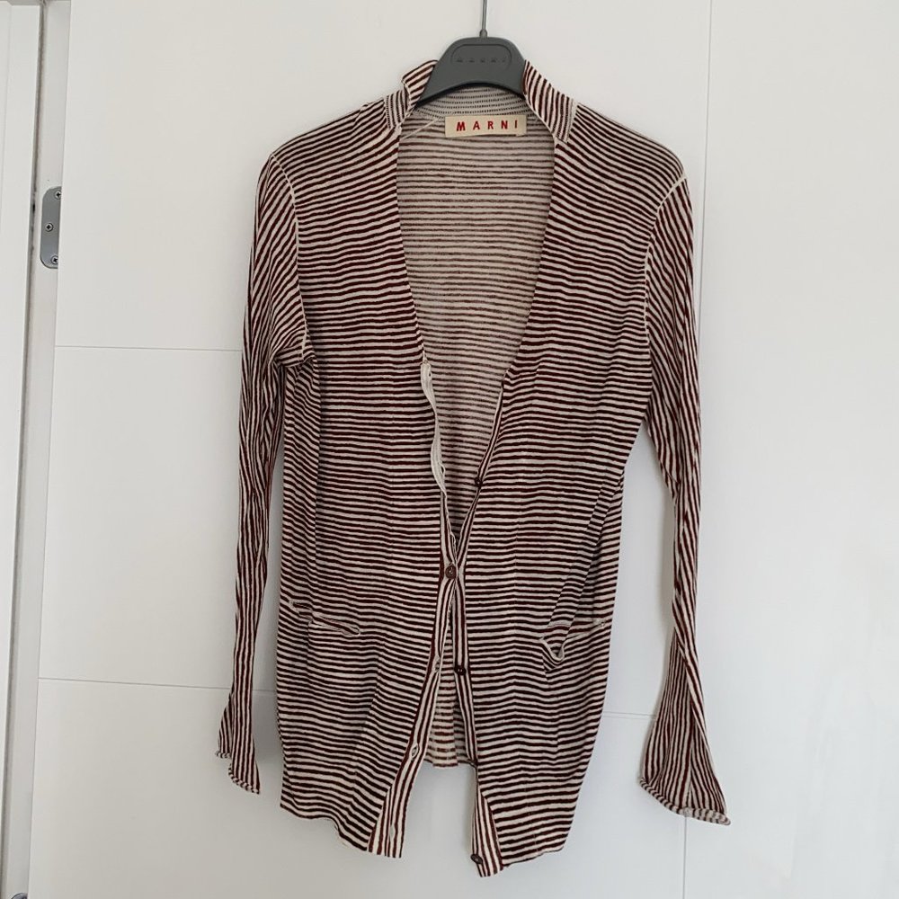 Marni Brown Linen-Blend Striped Cardigan